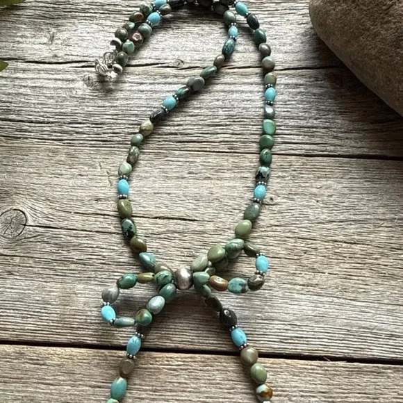 Bow Blue Green Turquoise Sterling Silver Pearls Bead Necklace. 18 Inch. Gift